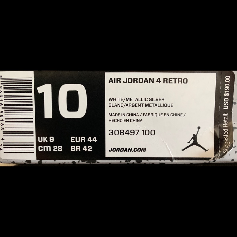 Air Jordan 4 Retro White/Metallic Silver Size 10